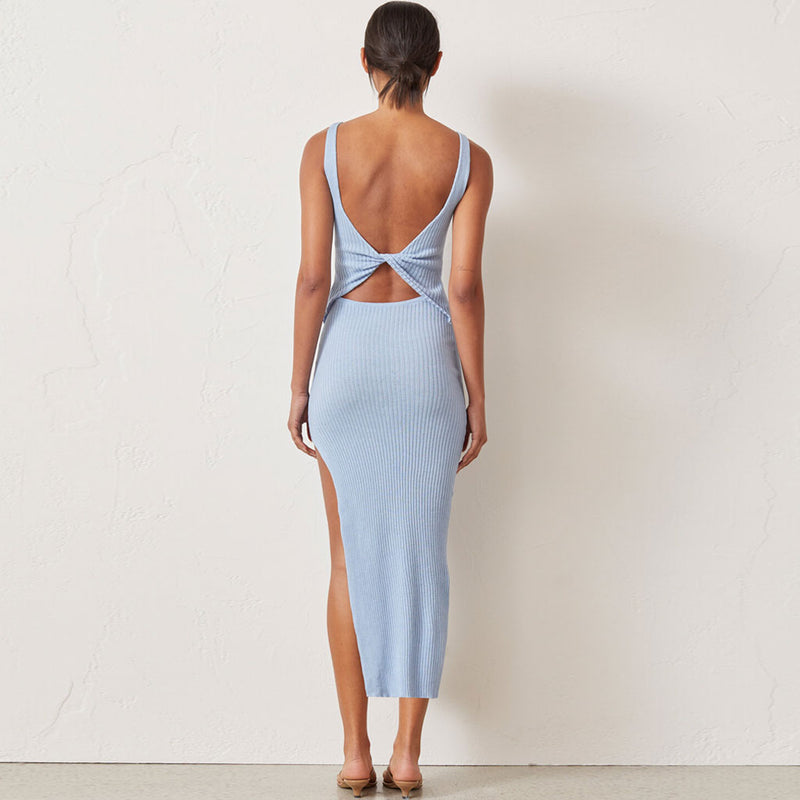 Reversible Ribbed Sleeveless Cut Out High Slit Midi Dress - Blue