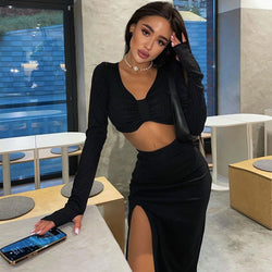 Ribbed Long Sleeve V Neck High Waist Split Midi Skirt Matching Set - Black