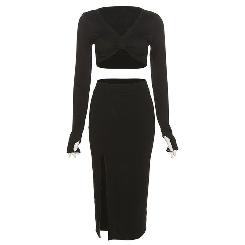Ribbed Long Sleeve V Neck High Waist Split Midi Skirt Matching Set - Black