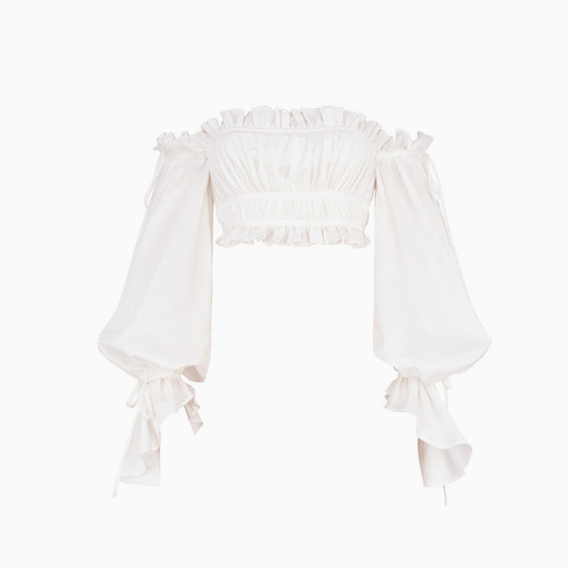 Adorable Ruffle Long Sleeve Ruched Off Shoulder Crop Top - White