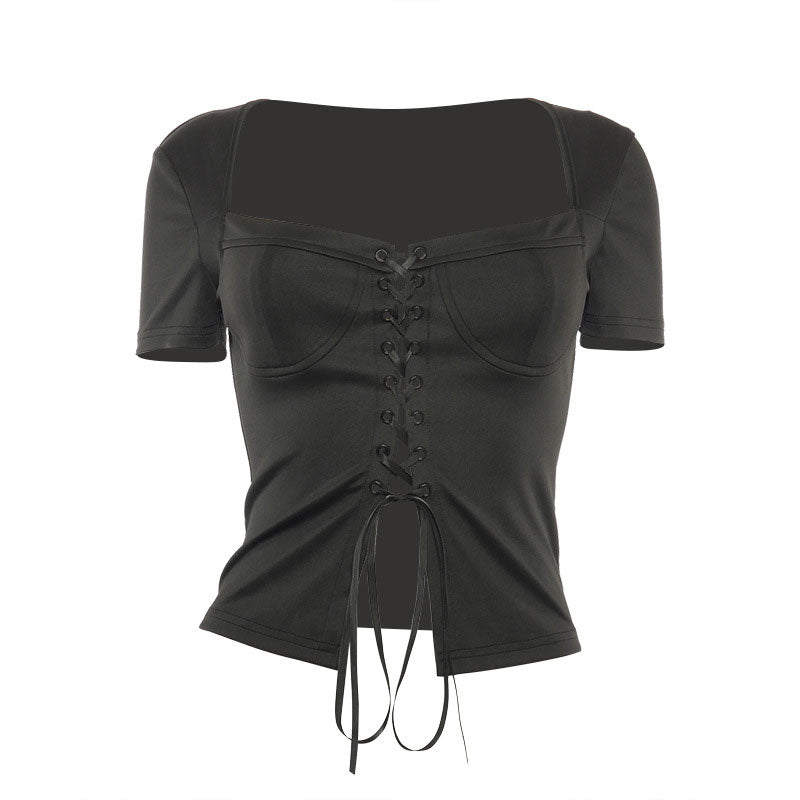 Sexy Balconette Bustier Short Sleeve Lace Up Crop Blouse - Black