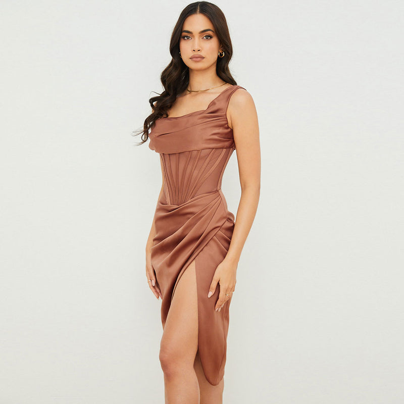 Sexy Cowl Neck One Shoulder Corset Satin Cocktail Midi Dress - Khaki