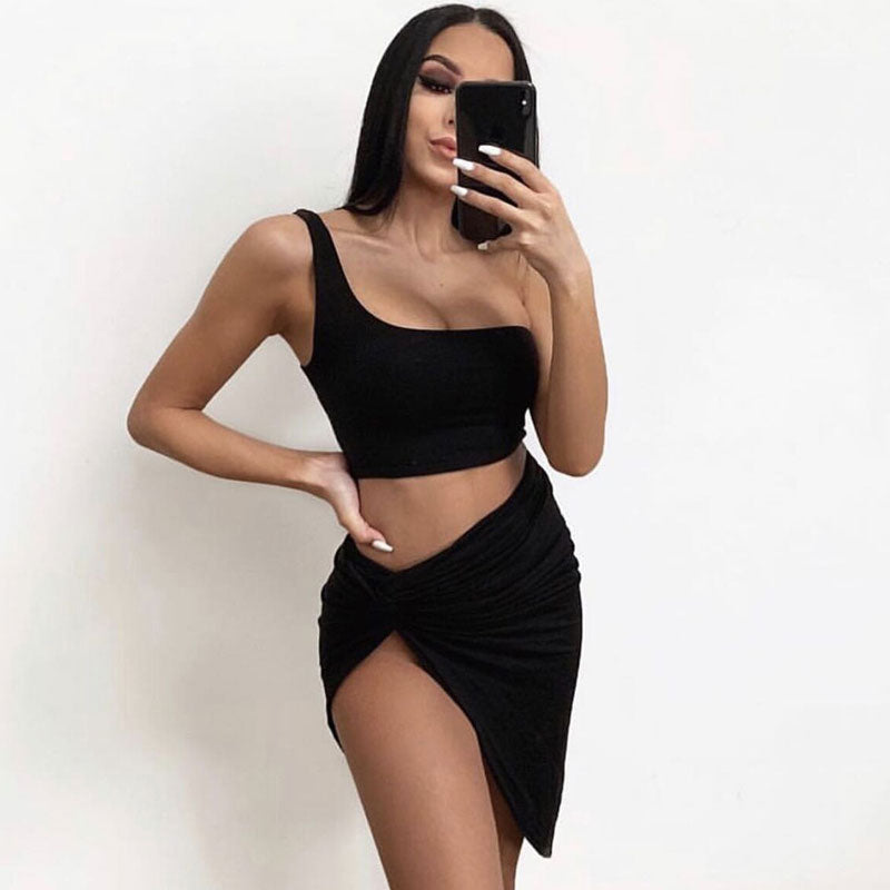 Sexy Cropped One Shoulder High Slit Skirt Matching Set - Black