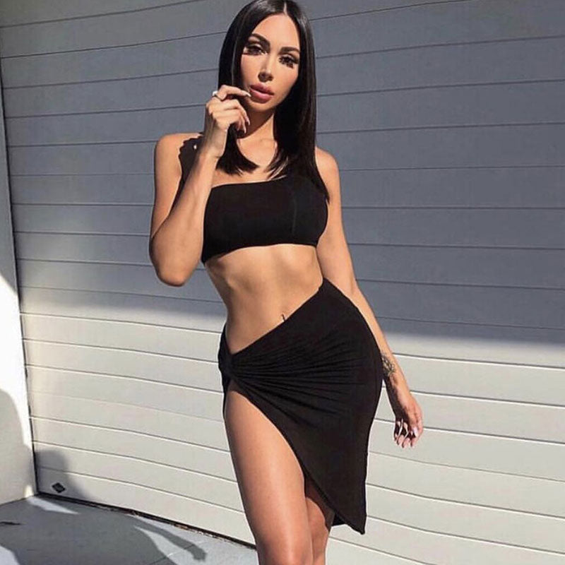 Sexy Cropped One Shoulder High Slit Skirt Matching Set - Black