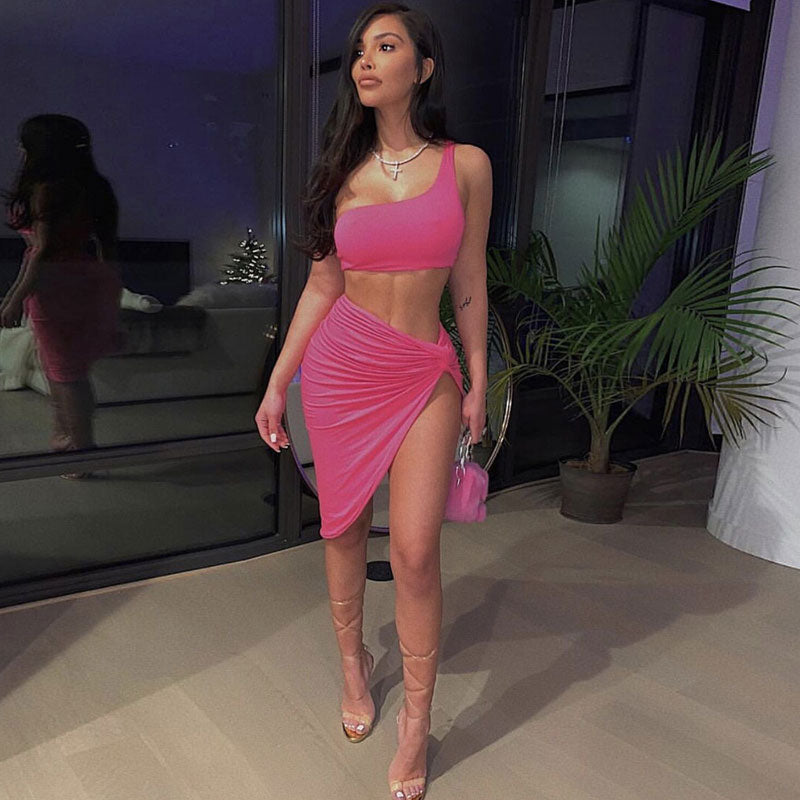 Sexy Cropped One Shoulder High Slit Skirt Matching Set - Pink