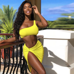 Sexy Cropped One Shoulder High Slit Skirt Matching Set - Yellow