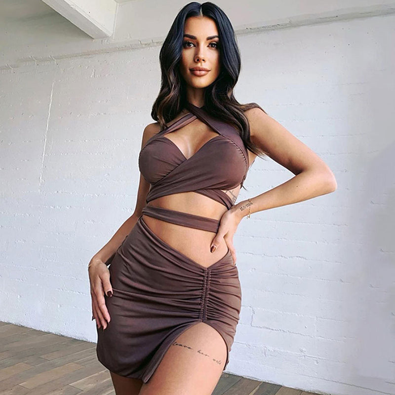 Sexy Crossover Crop Top Drawstring Skirt Matching Set - Coffee