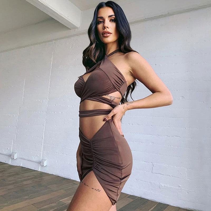 Sexy Crossover Crop Top Drawstring Skirt Matching Set - Coffee