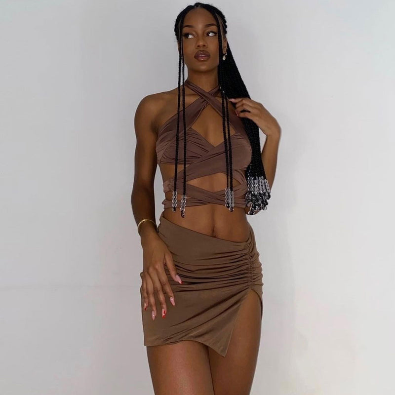 Sexy Crossover Crop Top Drawstring Skirt Matching Set - Coffee