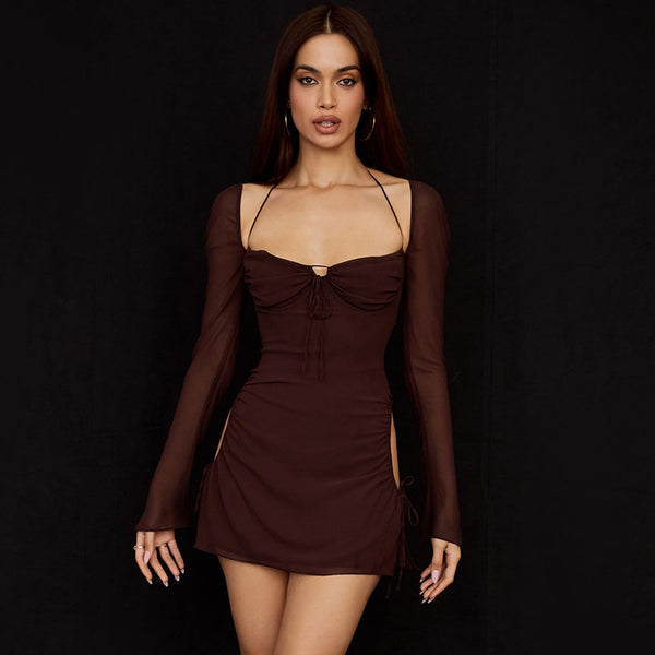 Sexy Halter Tie Strap Ruched Cut Out Club Mini Dress - Chocolate