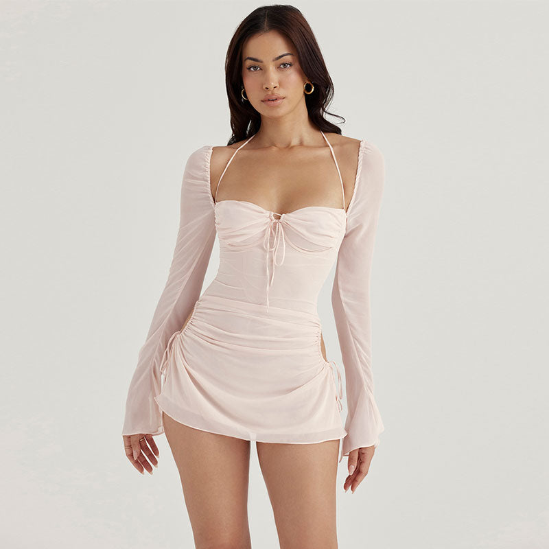 Sexy Halter Tie Strap Ruched Cut Out Club Mini Dress - Light Pink