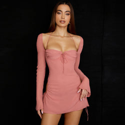 Sexy Halter Tie Strap Ruched Cut Out Club Mini Dress - Pink