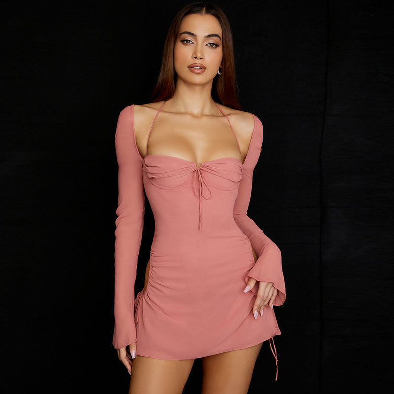 Sexy Halter Tie Strap Ruched Cut Out Club Mini Dress - Pink