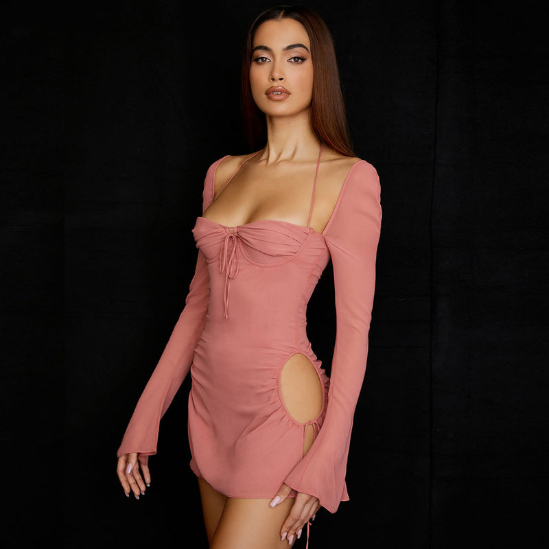 Sexy Halter Tie Strap Ruched Cut Out Club Mini Dress - Pink