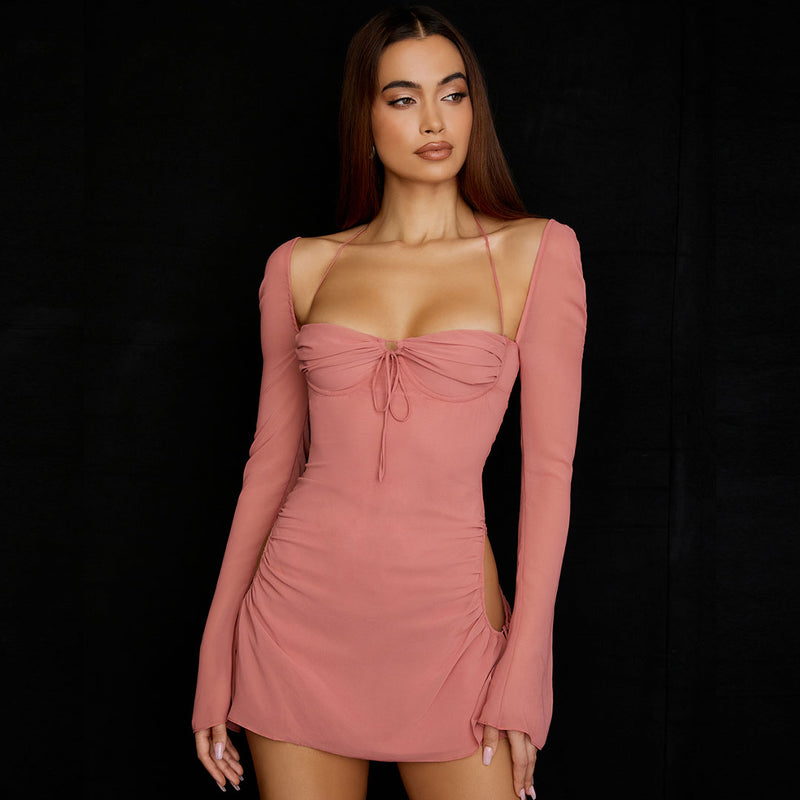 Sexy Halter Tie Strap Ruched Cut Out Club Mini Dress - Pink