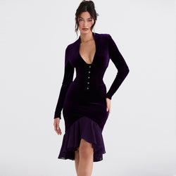 Sexy High Low Mesh Panel Ruffle Hem Long Sleeve Velvet Mini Dress - Purple