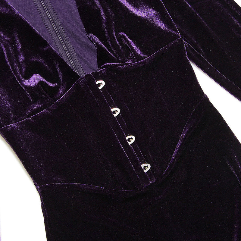 Sexy High Low Mesh Panel Ruffle Hem Long Sleeve Velvet Mini Dress - Purple
