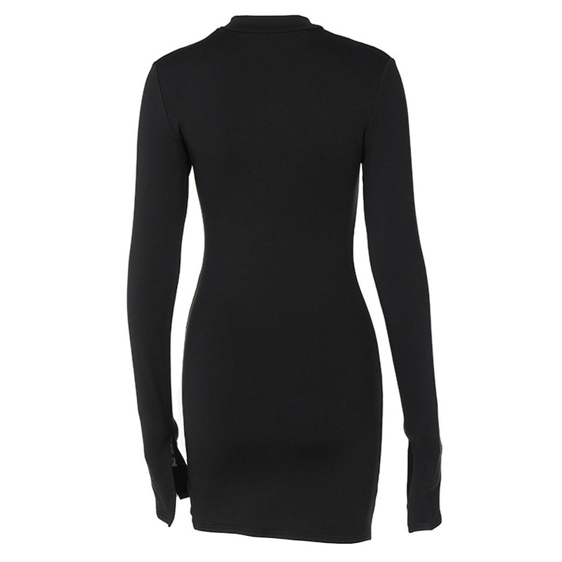 Sexy High Neck Long Sleeve Side Split Cutout Mini Dress - Black