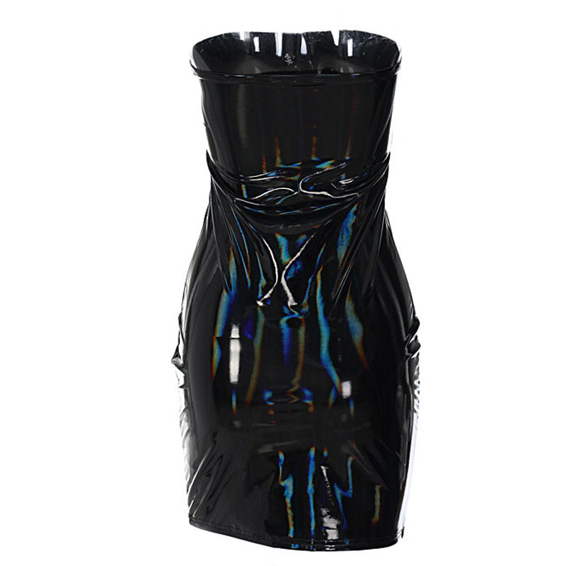 Sexy Latex Solid Color Strapless Bodycon Party Mini Dress - Black