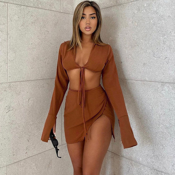 Sexy Long Sleeve Crop Blouse Skirt Matching Set - Chocolate