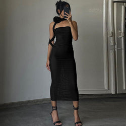 Sexy Mesh 3D Floral Choker Detail Strapless Bodycon Party Midi Dress - Black