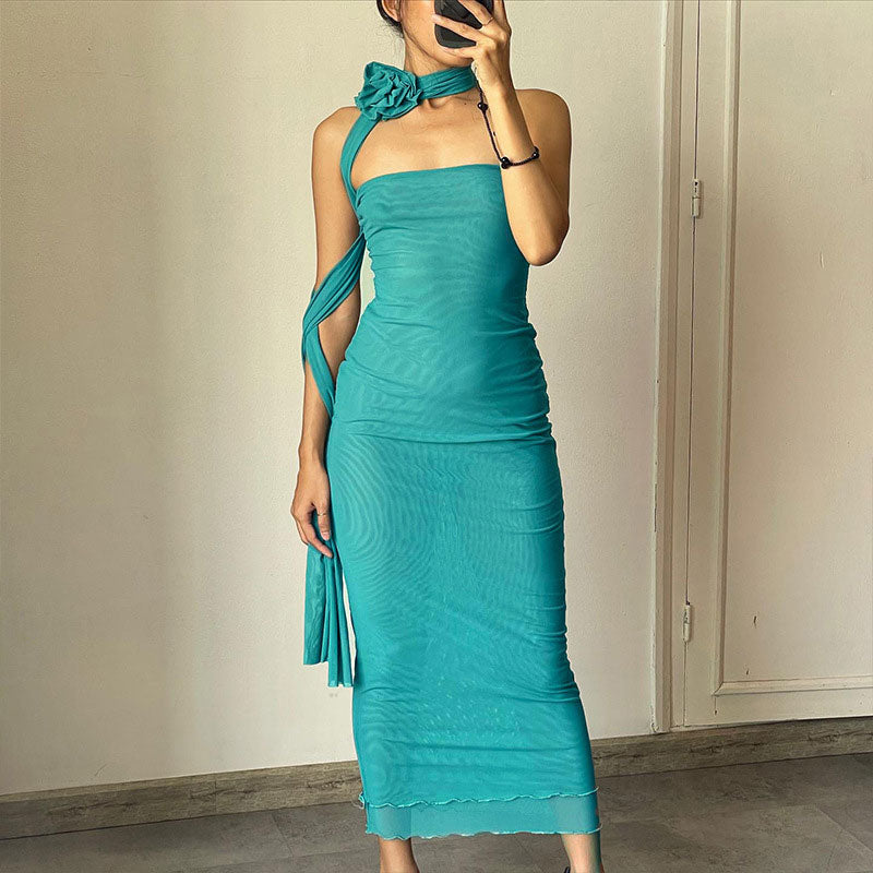 Sexy Mesh 3D Floral Choker Detail Strapless Bodycon Party Midi Dress - Turquoise