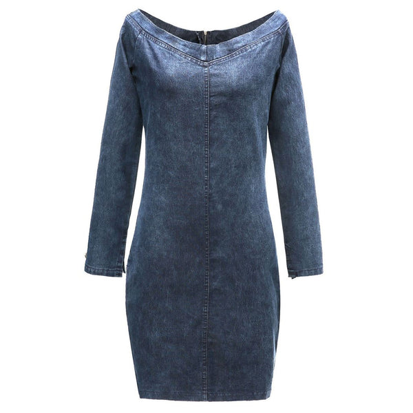 Sexy Off Shoulder Long Sleeve Bodycon Denim Mini Dress - Blue