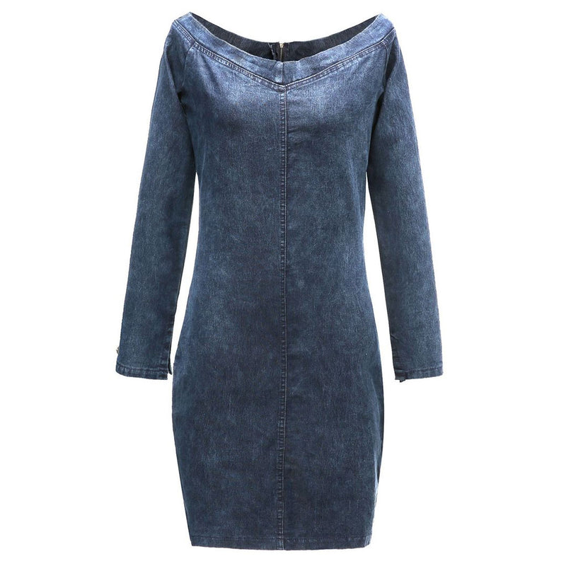 Sexy Off Shoulder Long Sleeve Bodycon Denim Mini Dress - Blue