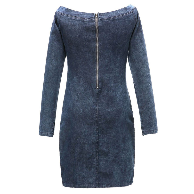 Sexy Off Shoulder Long Sleeve Bodycon Denim Mini Dress - Blue