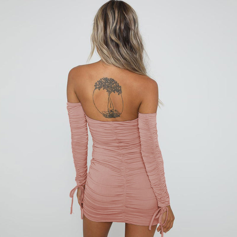 Sexy Off Shoulder Long Sleeve Ruched Party Mini Dress - Pink
