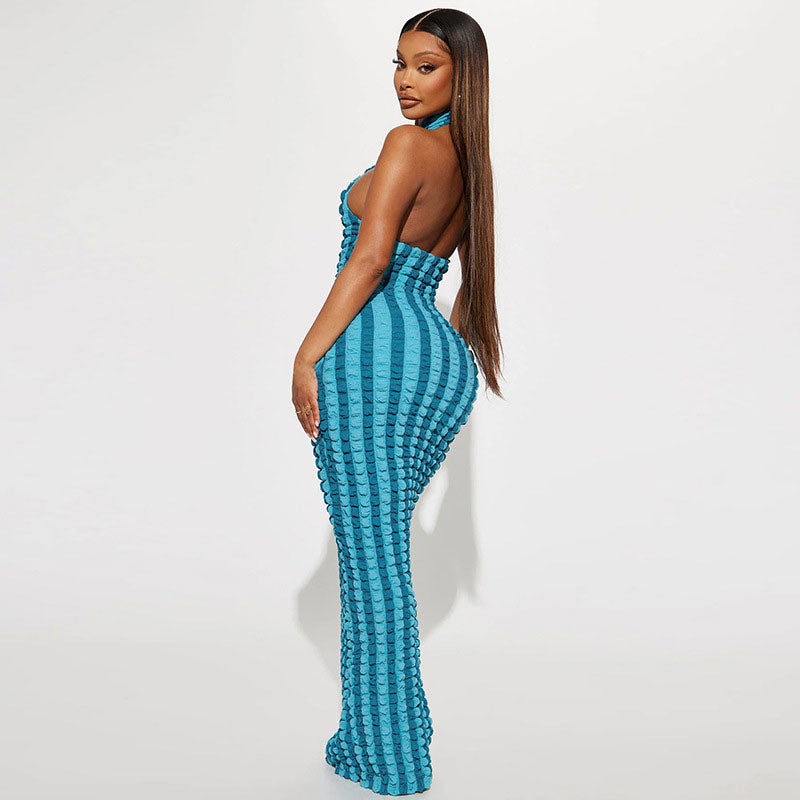 Sexy Popcorn Striped High Neck Sleeveless Bodycon Maxi Dress - Blue
