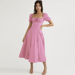 Sexy Puff Sleeve Tie Front High Split Off Shoulder Midi Sundress - Pink