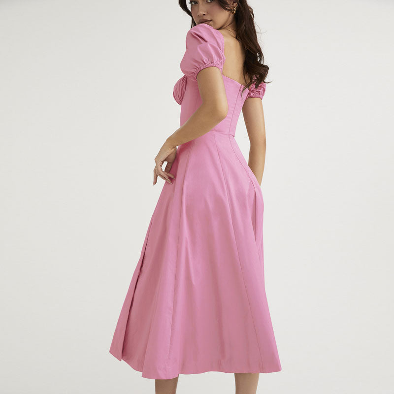 Sexy Puff Sleeve Tie Front High Split Off Shoulder Midi Sundress - Pink