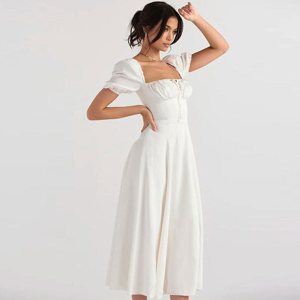 Sexy Puff Sleeve Tie Front High Split Off Shoulder Midi Sundress - White