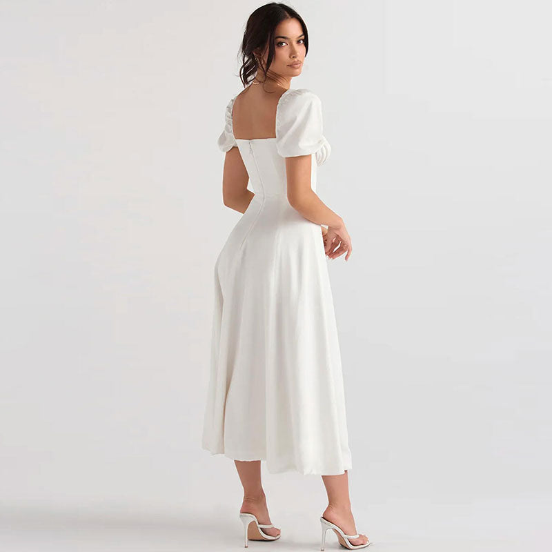 Sexy Puff Sleeve Tie Front High Split Off Shoulder Midi Sundress - White