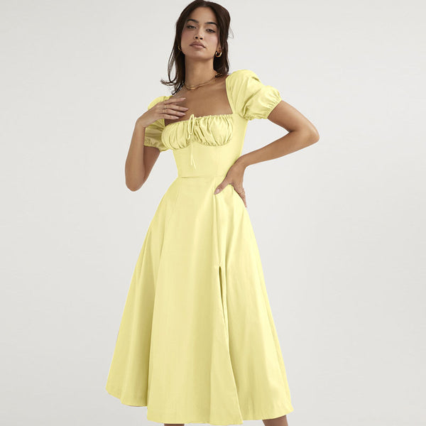 Sexy Puff Sleeve Tie Front High Split Off Shoulder Midi Sundress - Yellow