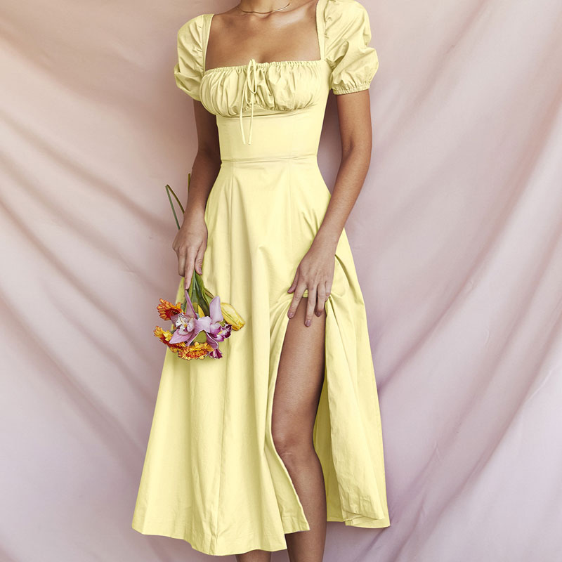 Sexy Puff Sleeve Tie Front High Split Off Shoulder Midi Sundress - Yellow