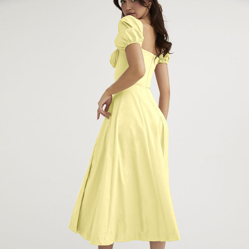 Sexy Puff Sleeve Tie Front High Split Off Shoulder Midi Sundress - Yellow
