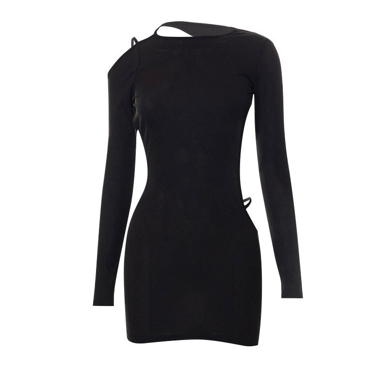 Sexy Ribbed Cut Out Long Sleeve Backless Bodycon Party Mini Dress - Black