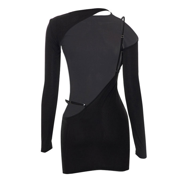 Sexy Ribbed Cut Out Long Sleeve Backless Bodycon Party Mini Dress - Black