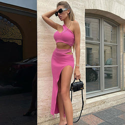 Sexy Ribbed One Shoulder Top High Waist Split Midi Skirt Matching Set - Pink