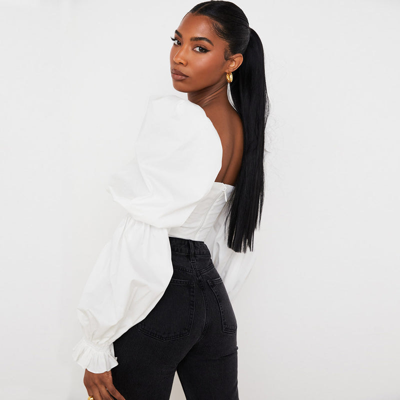 Sexy Ruffle Gathered Puff Sleeve Tie Bustier Crop Top - White