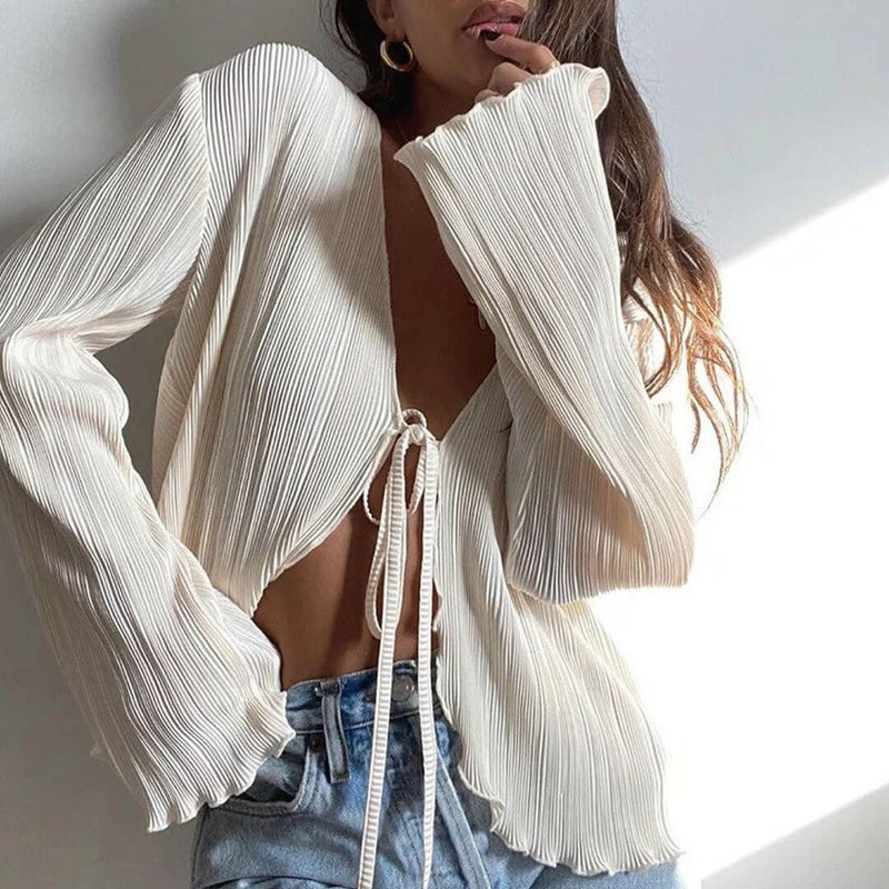 Sexy Ruffle Pleated Trim Bell Sleeve Tie Front Crop Top - Ivory White