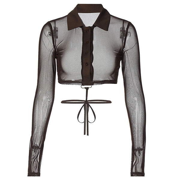 Sexy Sheer Mesh Button Up Pointed Collar Long Sleeve Crop Shirt- Brown