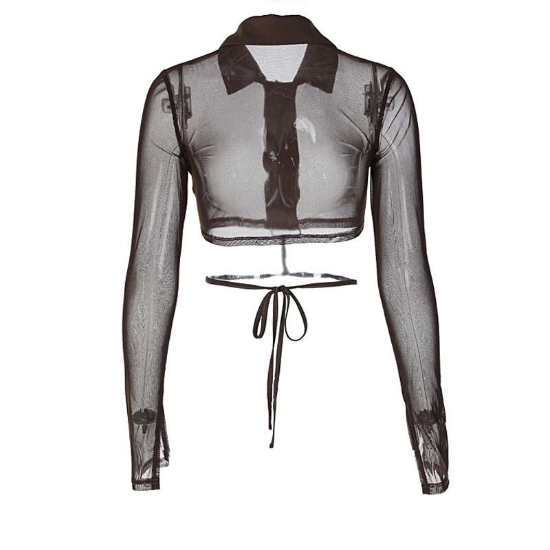 Sexy Sheer Mesh Button Up Pointed Collar Long Sleeve Crop Shirt- Brown