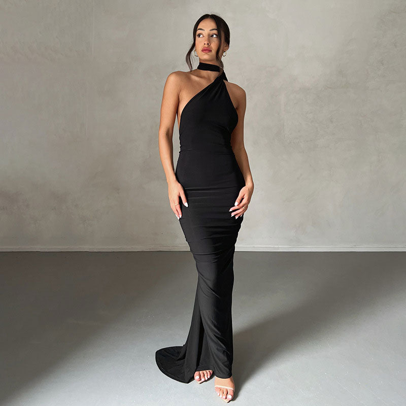 Sexy Solid Color One Shoulder Ruched Backless Evening Maxi Dress - Black