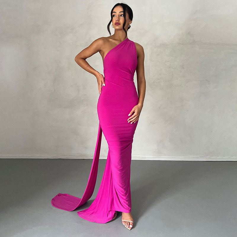 Sexy Solid Color One Shoulder Ruched Backless Evening Maxi Dress - Hot Pink
