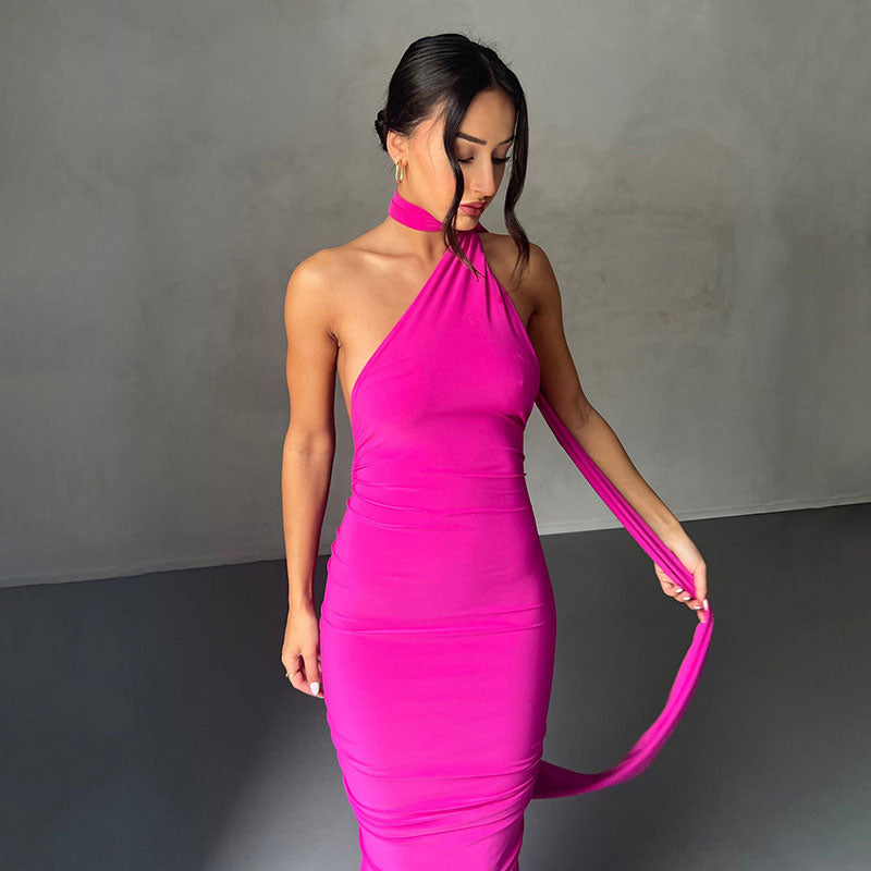 Sexy Solid Color One Shoulder Ruched Backless Evening Maxi Dress - Hot Pink