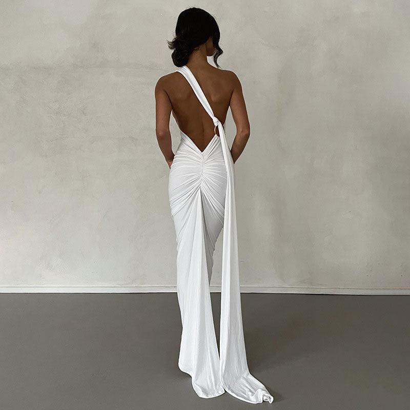 Women's Sexy One Shoulder Backless Maxi Dress Elegant Ruched O Ring  Sleeveless Evening Dress Long Gown Cocktail Dress