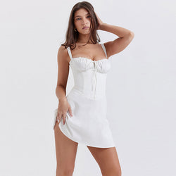 Sexy Solid Color Ruched Tie Front Sleeveless Corset Mini Dress - White